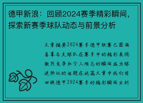 德甲新浪：回顾2024赛季精彩瞬间，探索新赛季球队动态与前景分析